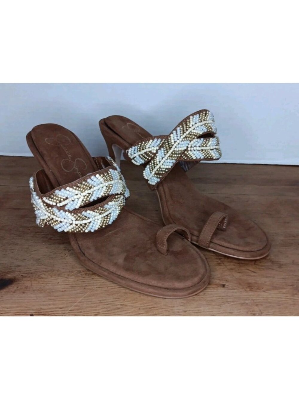 Jessica Simpson Rixei Sandal Womens 8 Brown Beaded Strappy 3.5" Heel Slip On